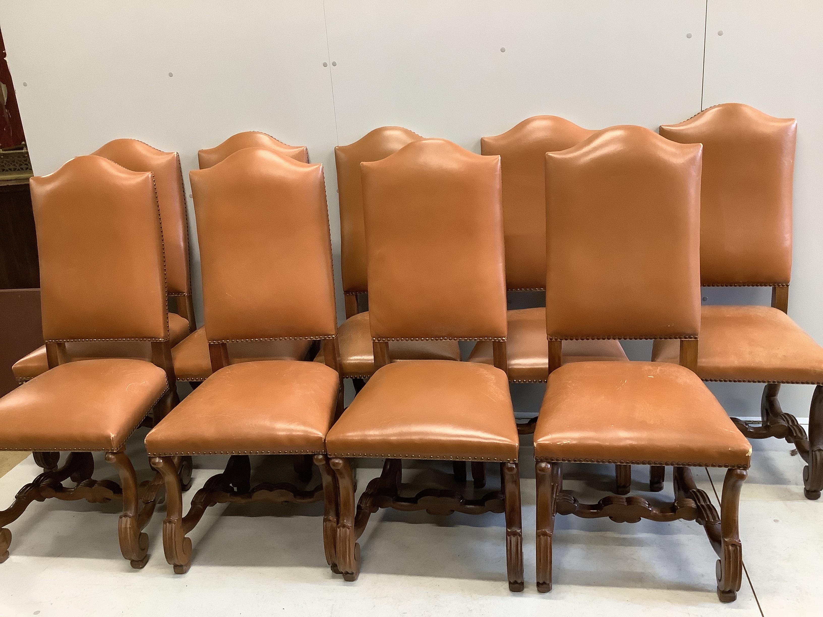 A Spanish walnut and fruitwood rectangular table, width 200cm, depth 84cm, height 77cm together with nine matching high back dining chairs